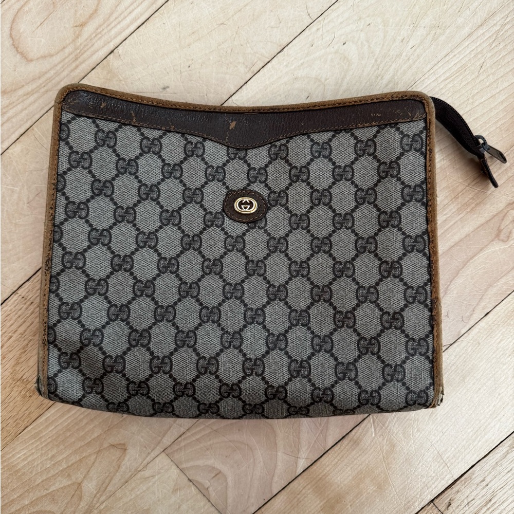 Gucci Vintage Coated Canvas Brown and Tan Monogram Clutch/Pouch